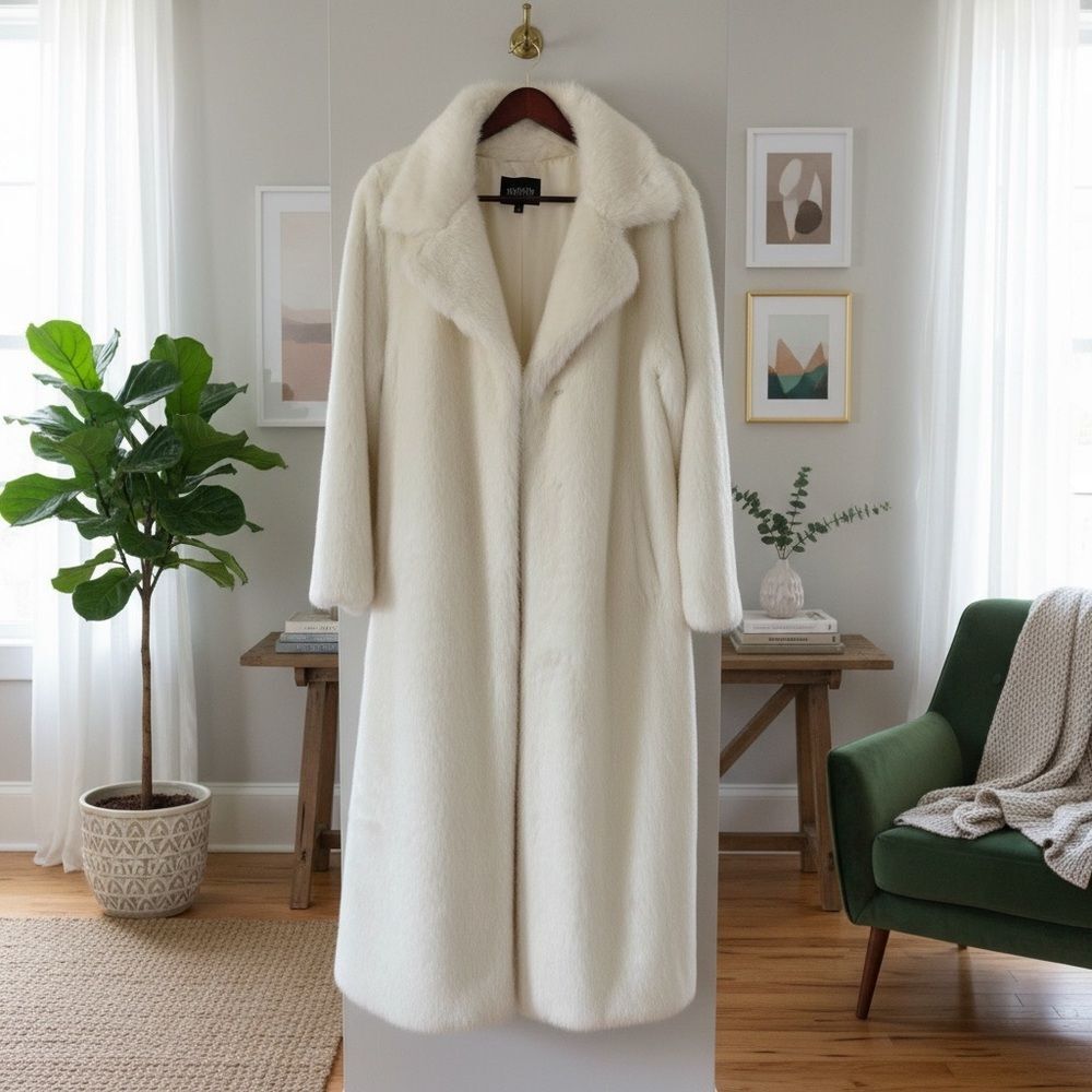MetroStyle Long Cream Faux Fur Coat Euc XL